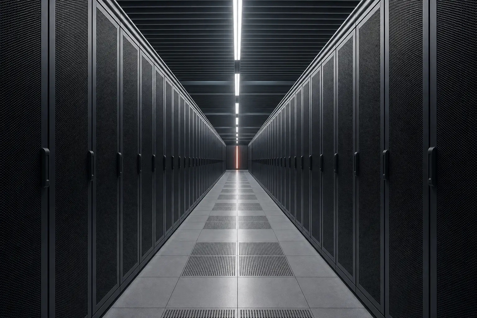 A clean modern data-hall corridor lined with matte-black server cabinets receding to a single distant coral light