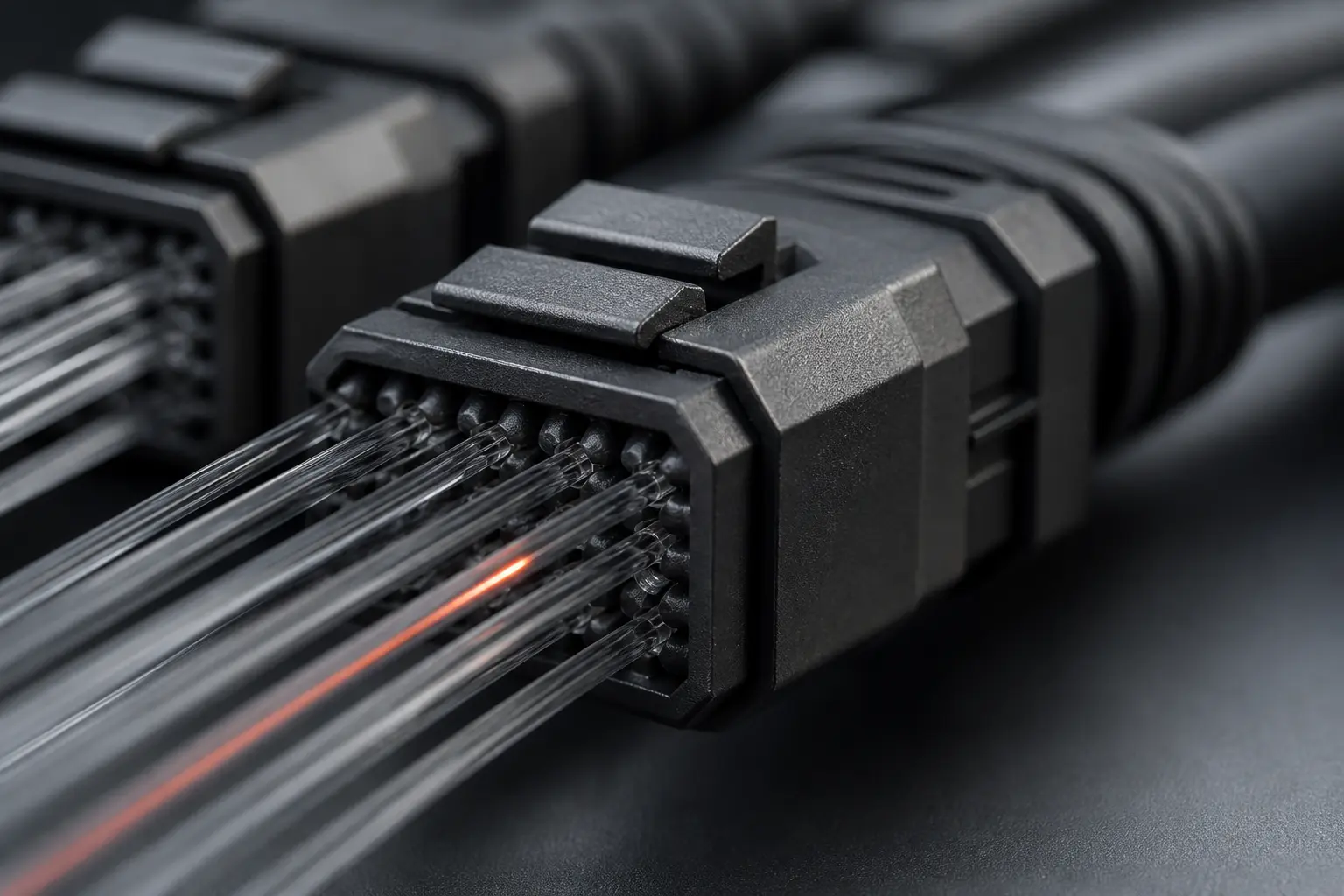 Macro view of fiber-optic strands and connectors with a faint coral light traveling along one strand