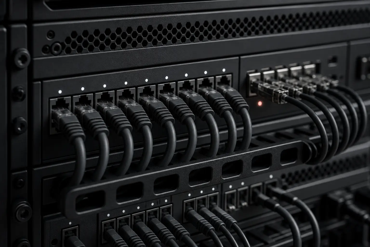 Macro view of the rear of a matte-black server rack: neat rows of network cabling, ports, and status indicators