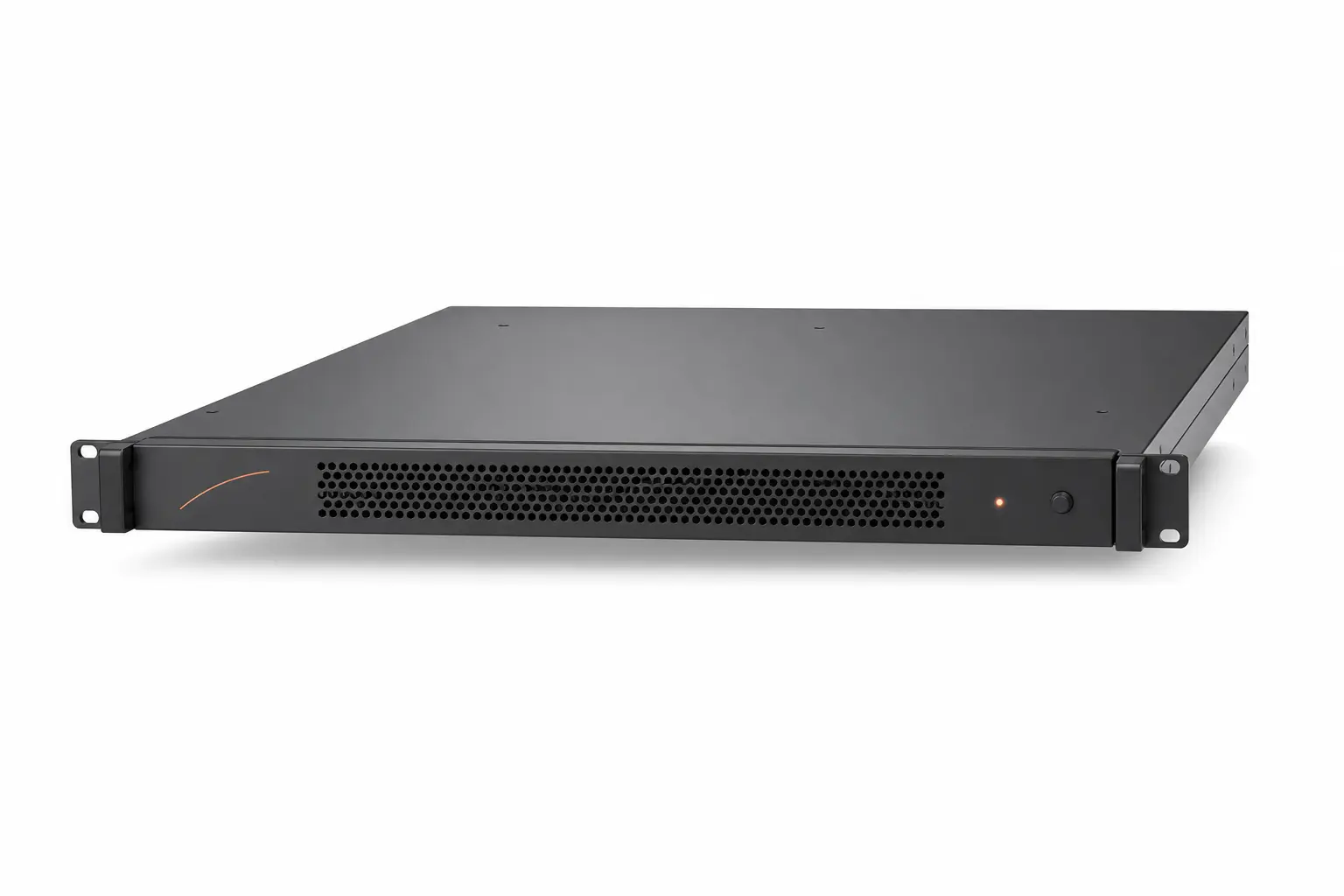 Arc matte-graphite 1U rack server with the coral Arc mark and a status light on its faceplate